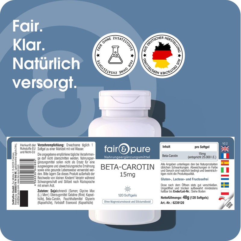 Fair & Pure Beta-Carotene Softgels 15 mg Daily Dose, Pack