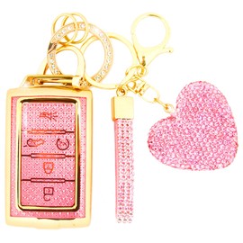 Simocky Compatible with Jeep Key Fob Cover with Keychain, Car Key Shell for Women Compatible with Grand Cherokee L Grand Wagoneer L Wagoneer Grand Cherokee L 2021-2023 Protector (5 Buttons-Pink)