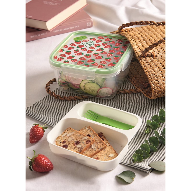 Snips Square Lunch Box 1.40L Strawberry Removable Tray Steam Valve