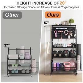 56'' Taller Home Gym Storage Organizer, Yoga Mat Storage Rack with Hanging Board, Exercise Workout Equipment Storage Stand for Home Gym, Dumbbell Holder Kettlebell Rack with Wheels and Hooks (Black)