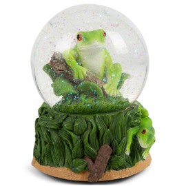 Elanze Designs Playful Green Tree Frog Tabletop Figurine Forest Hopping Log Leaves 100MM Sturdy Glitter Water Wind Up Musical Snow Globe Plays Tune Beautiful Dreamer