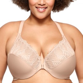 Glamorise Womens Front-Close T-Back Wonderwire Underwire #1246 Full Coverage Bra, Cafe , 34B US