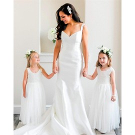 2Bunnies Girl Peony Lace Back A-Line Straight Tutu Tulle Party Flower Girl Dress (White Sleeveless Maxi, 12/14)