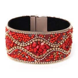 Caiyao Handmade Bohemian Natural Stone Rhinestone Bead Bracelet Bangle for Women Boho Wrap Faux Leather Gravel Seed Wristband Bracelet Ethnic Summer Beach Jewelery-D full red
