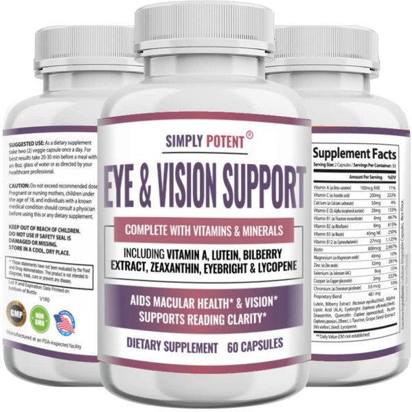 Lutein & Zeaxanthin Eye Health Supplements for Adults, Natural Eye & Vision Formula w/ Vitamin A, Lutein, Zeaxanthin, Bilberry Extract, Eyebright & Lycopene for Retina & Lens 60 Caps