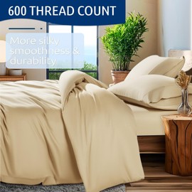 Shilucheng 100% Cotton Queen Size Duvet Covers - 600 Thread Count, Luxury Sateen Weave Egyptian Cotton Comforter Cover with Zipper Closure & Corner Ties，Hotel Bedding Duvet Covers 3 Piece (Beige)