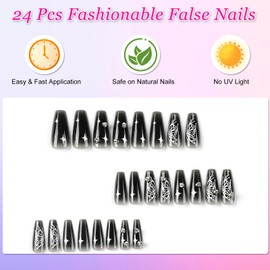 24Pcs False Nails Long Coffin, French Tip Press on Nails Acrylic Stick on Nails Black Butterfly Full Cover Fake Nails with Rhinestones, Removable Glue on Nails for Women Girls Daily Wear