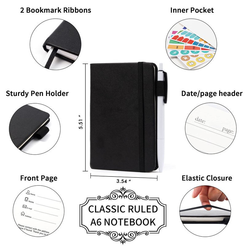 feela 3 Pack Pocket Notebook Journals with 3 Black Pens,