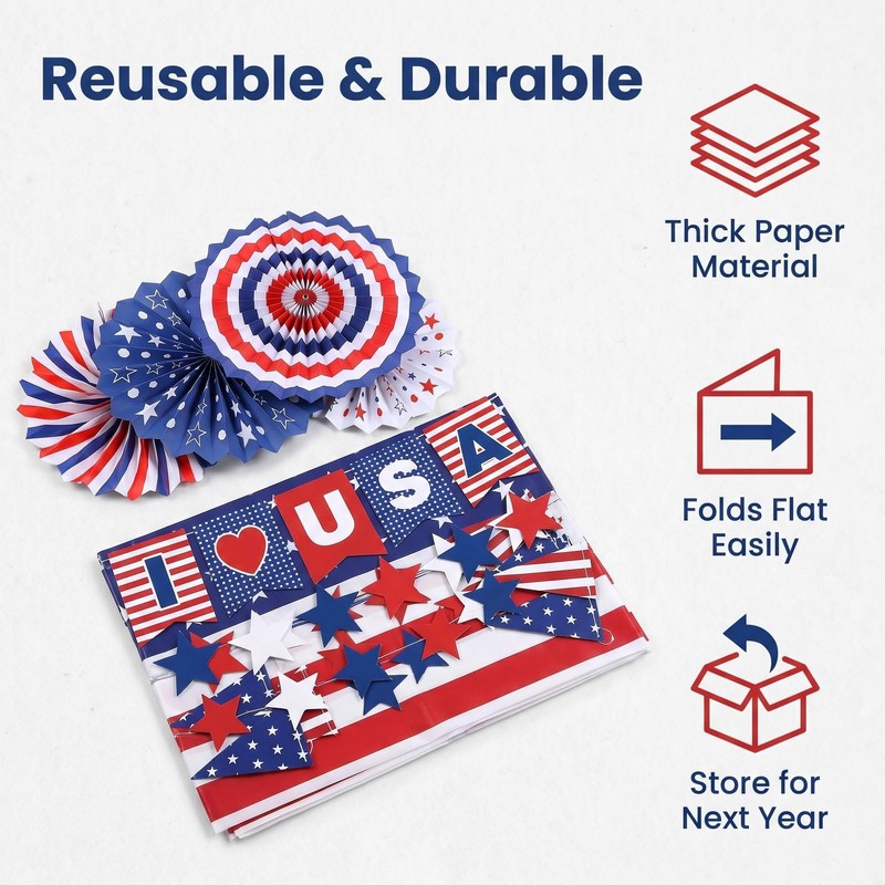 62PCS Patriotic Memorial Day Decorations Set,Red White Blue Paper Fans