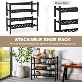 VICTORY RELAX Black Acacia Wood 2-Tier Folding Shoe Rack – Space-Saving Wooden Shoe Organizer Shelf for Entryway, Hallway, Mudroom, or Closet – Compact Indoor Storage for Footwear & More
