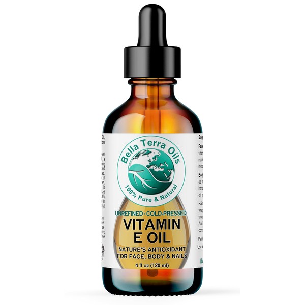 Bella Terra Oils - Organic Vitamin E Oil 4 oz - Strongest Concentration of Natural Organic Vitamin E, D-Alpha Tocopherol Rich, Perfect for Nourishing Your Face and Body
