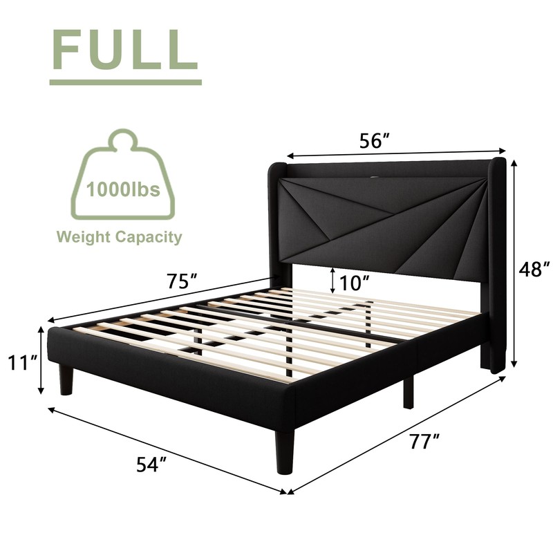 Feonase Full Size Bed Frame with Charging Station, Upholstered Platform