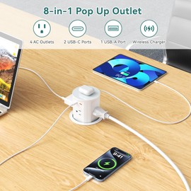 QBA Pop Up Countertop Outlet with 20W USB-C, 15W Wireless Charger, Desk Charging Station with 4 Outlets 3 USB Ports, 3 3/8 Hole Desktop Power Grommet for Home Office (White)
