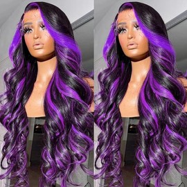 GIANNAY Purple Stripe Black Wigs Body Wave Lace Front Wigs Pre-plucked Hairline Water Wave Wigs for Women
