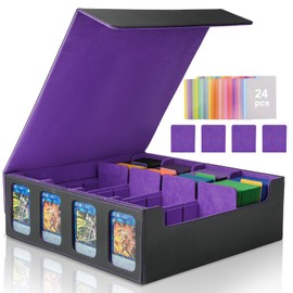 Card Storage Box for Trading Cards, 3000+ MTG Deck Box with 24 Colorful Dividers & 4 Card Supports, Commander Card Collection Box with Display Windows Fits for YuGiOh, TCG Cards (Black & Purple)