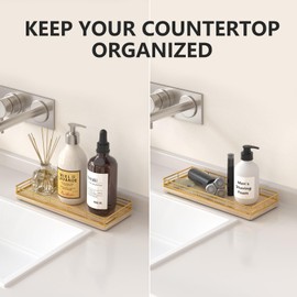 Bathroom Tray for Counter Top Organizer – Oak Wood Vanity Tray with Metal Frame for Dresser, Kitchen, Nightstand – Gold & Oak Decorative Storage