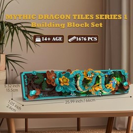 Mythic Dragon Tiles Building Blocks Set with LED Lights, Divine Loong 3D Wall Art Building Toys 170019 with Flowers, 1676 Pcs Dragon Relief DIY Model Kit for Adult, Creative Gifts & Decor