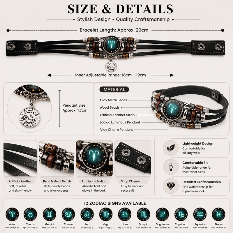 Starry Sky Zodiac Luminous Leather Bracelet for Men & Women