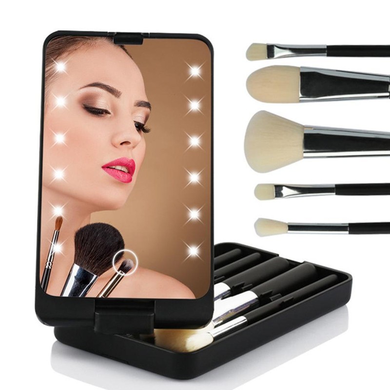 LED Lighted Makeup Cosmetic Mirror with Makeup Brushes Travel Folding