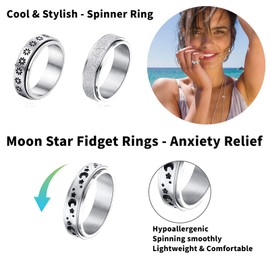 MUCAL MUCAL Fidget Rings for Anxiety 8pcs Stainless Steel Spinner Ring Anti Anxiety Ring Spinning Moon Star Cool Stress Relieveing Rings for Women Men