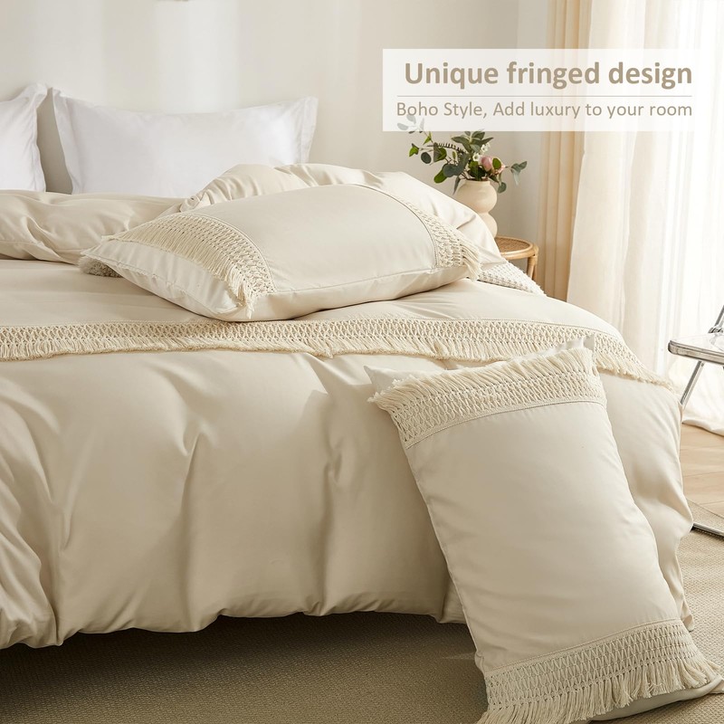 WONGS BEDDING Beige Duvet Cover Set King Bohemian Tassle Bedding