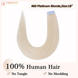 PHOCAS Tape in Hair Extensions Human Hair, Platinum Blonde, 46cm/18" 50g 20pcs, Human Hair Extensions Tape in Remy Straight Hair Extensions Skin Weft Double Sided Tape
