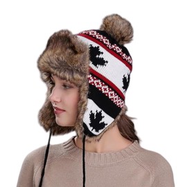 JIAHG Winter Warm Knit Bobble Beanie Hat with Ear Flaps Jacquard Pom Pom Hat Cozy Plush Lined Trapper Hat Earflap Hat Thermal Wool Hat Windproof Ski Snow Cap Gift for Women Girls Black