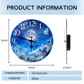 Britimes Round Blue Wall Clock Silent Non-Ticking Battery Operated Glass Decorative Outdoor Waterproof Clock 12 Inch, Moon Star Sky Home Decor for Living Room, Kitchen, Bathroom and Bedroom