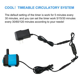 LAPOND 160 GPH Submersible Pump with Timer,600 L/H 7 W 12 V Ultra Quiet Water Fountain Pump with 5.2 ft. Power Cord, 2 Nozzles for Fish Tank, Pond, Aquarium, Statuary, Hydroponics(Blue)