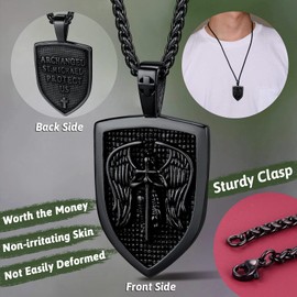 FaithHeart Men St. Michael Pendant Necklace Black Stainless Steel Christian Protective Amulet Jewelry for Dad