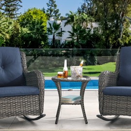 Artfurniz Small Outdoor Side Table - 50 LBS Weight Capacity Wicker Side Table with Storage, Tempered Glass Top Patio Side Table for Porch Balcony Deck Garden - Grey