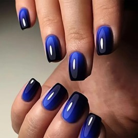 French Tip Press on Nails Short Square Fake Nails Cobalt & Black Gradient False Nails Advanced Beauty Glossy Glue on Nails Full Cover Stick on Nails Acrylic Nails for Women Girls 24 Pcs