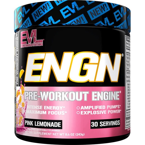 Evlution Nutrition ENGN Pre-entrenamiento, sin pikatropina, 30 porciones, intenso polvo pre-entrenamiento para mayor energía, potencia y concentración (limonada rosa)
