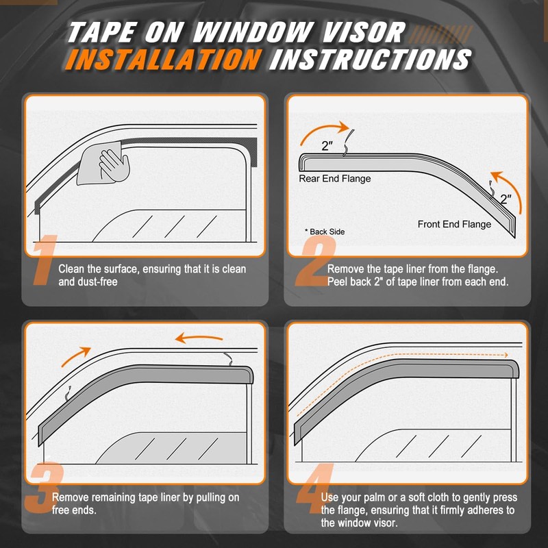4Pcs Glossy Black Tape-On Window Visors Deflector Sun Rain Guard