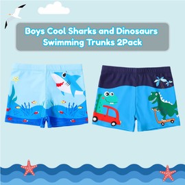 PythJooh 2Pack Little Boys Swimming Trunks Kids Cartoon Shark Dinosaur Summer Beach Pool Swimming Shorts Swimwear for 1-9Years