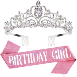 Birthday Queen Sash & Crystal Tiara Kit Tiara Crowns Birthday Decorations Rhinestone Headband Hair Accessories Glitter (PINK/SILVER)