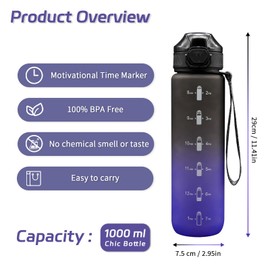 NAVTUE Water Bottle, 1 Litre Water Bottle with BPA-Free, Time Markings, Leak-Proof Sports Drinking Bottle for Fitness, Cycling, Office, Running, Gym, Yoga (Black Blue)