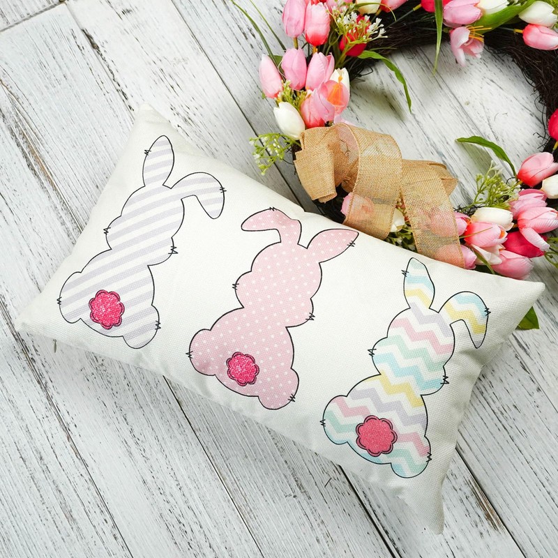 ONWAY Easter Bunny Throw Pillow Cover 12x20 Inch Stripes Pink