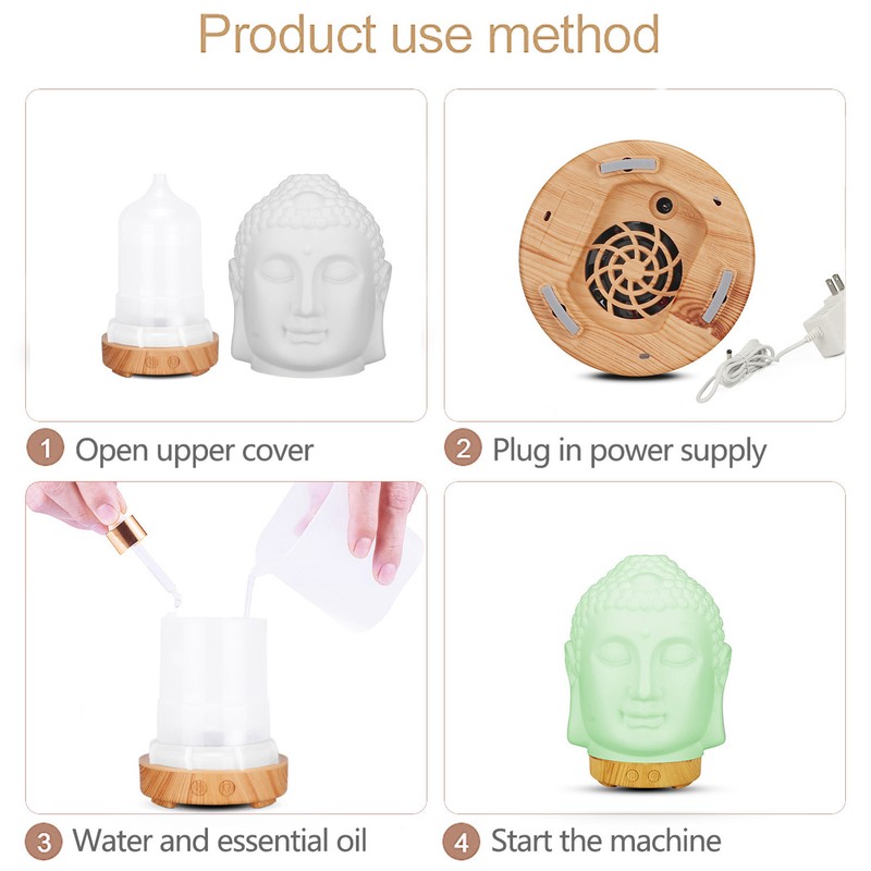 100‑200ml Ceramic Humidifier Buddha Shaped Aroma Diffuser with Night Light