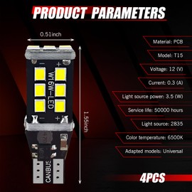 waswale Pack-4 Car T15 LED Reversing Light, W16W 912 921 906 Stable IC Drive Decoded Non-polar Turn Signal Light Replacement, Plug and Play Lighting Accessories, Universal for Cars (White)