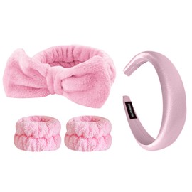 ZWWOGE Set of 4 Hairbands, Cosmetics, Pink Headband for Washing the Face, Skin Care, Headbands, Make-Up Hair Band, Headband, Wrist Wash Band Set for Women, Girls, Sports, Shower, Makeup Removal