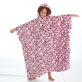 Metzuyan WS-AW23 Kids Girls Heart Print Oversize Hooded Poncho Blanket Plush Fleece Warm Cosy Pink Leopard One Size