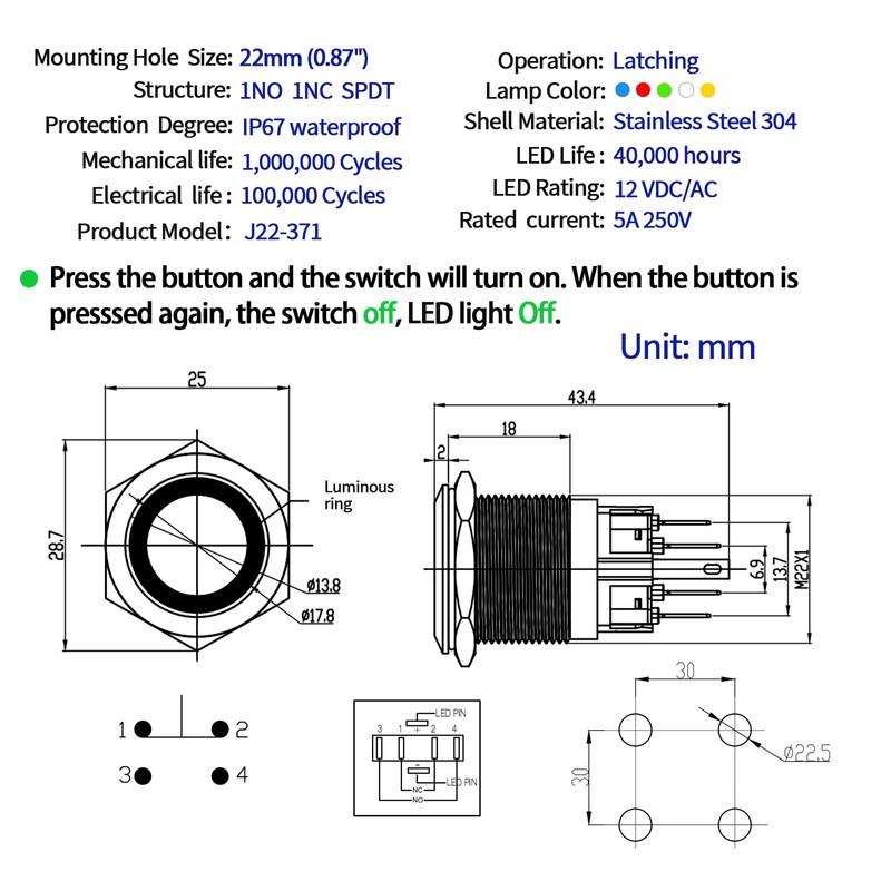 22mm Latching Push Button Switch 12V DC/AC Power Switch SPDT