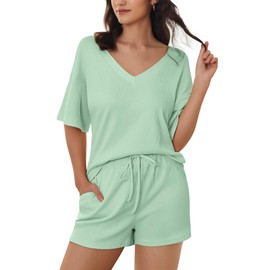 Ekouaer Women's 2 Piece Lounge Set V-Neck Pajama Sets Oversized Summer Outfits with Pockets Ice Green Large