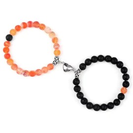 Set Of 2 Couples Bracelet Magnetic Healing Natural Bead Stone Stretch Bracelet Unisex Anniversary, Friendship, Valentine, Christmas Gift (Lava+Orange Weathered, Without Giftbox)