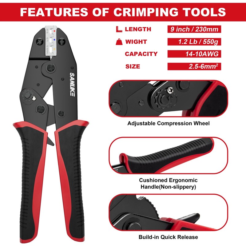 Sanuke Crimping Tool For Heat Shrink Connectors-AWG 22-10 Ratchet Wire