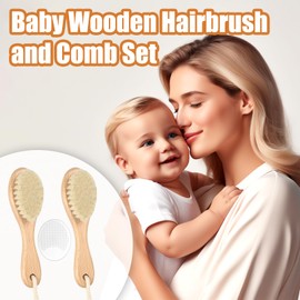 Wooden Baby Hair Brush and Comb Set, 2Pcs Natural Soft Goat Bristles Brush with Baby Shower Scrubber Perfect Scalp Grooming Product for Newborn, Toddler, Infant (White)