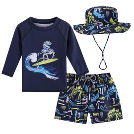 Baby Boys Swimsuit, 3-Piece Toddlers Swimsuit Trunk Long Sleeve Rashguard Swimwear and Sun Hat Set(Navy Dinosaur,18-24 Months)