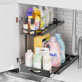 JAQ Under Kitchen Sink Organizer, 2 Tier Metal Slide Out Under Cabinet Storage Shelves Rack for Kitchen Bathroom Pantry Lanudry, Attractive emoji Smile Handle (Black, 1 Pack)