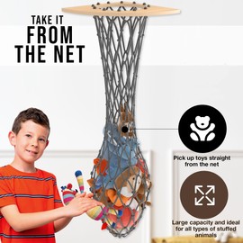 Stuffed Animal Storage , Organizer Basket , Stuffed Animal Storage Zoo , Stuffed Animals , Made of Pine Wood , Easy to Organize , Plush Net , Stuffed Animal Net , Color Grey Net and Pino Color Wood.